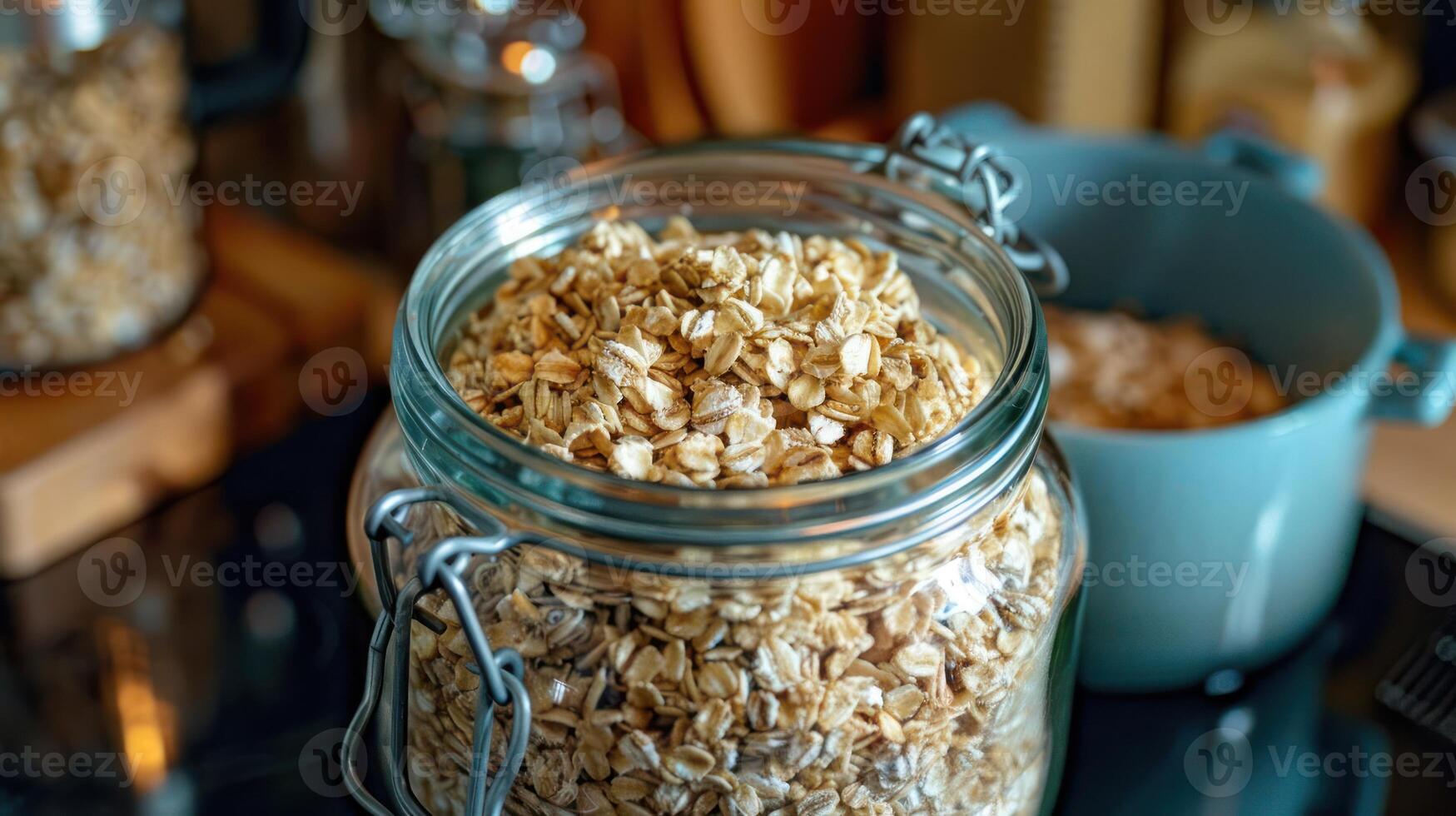 A glass jar filled with oats, showcasing a kitchen setting with another container in the background. photo