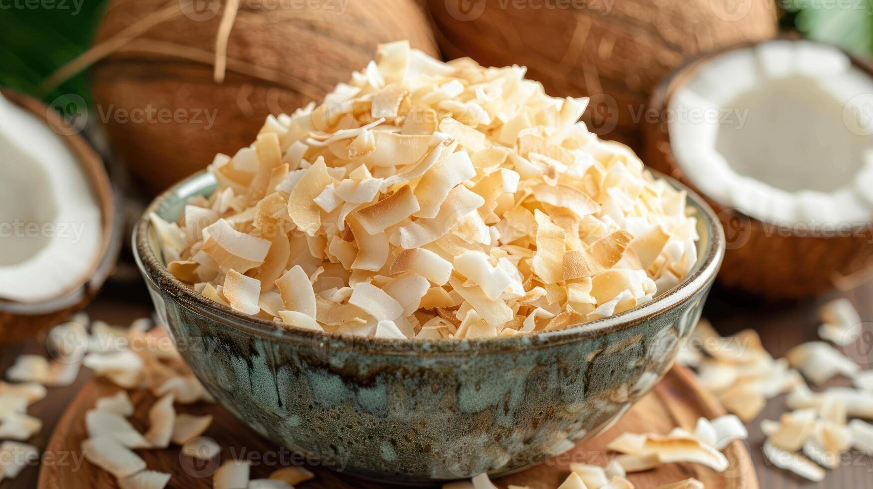 A bowl of coconut flakes surrounded by whole coconuts on a wooden surface. photo