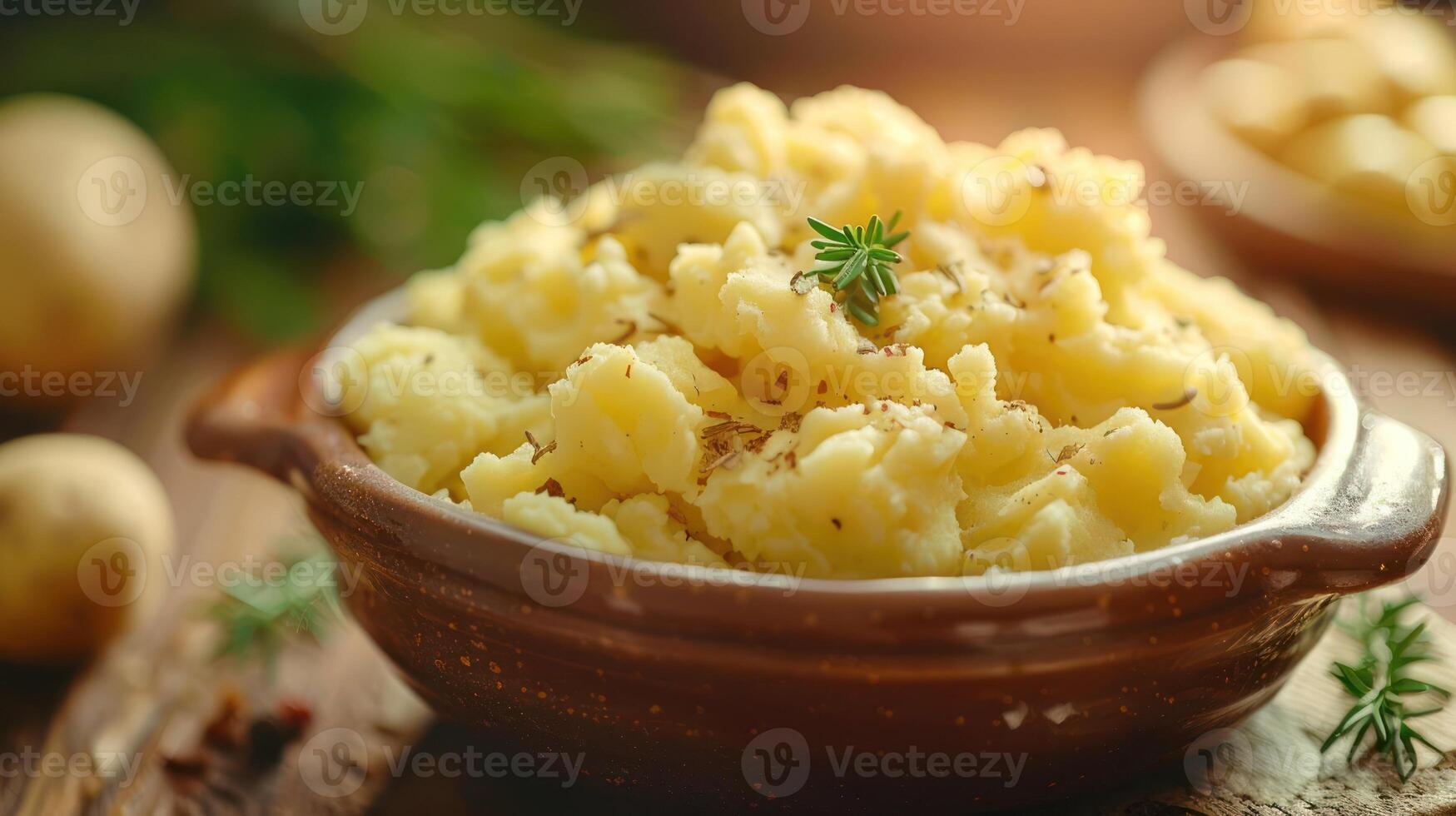 A bowl of creamy mashed potatoes garnished with herbs, presented on a wooden surface. photo