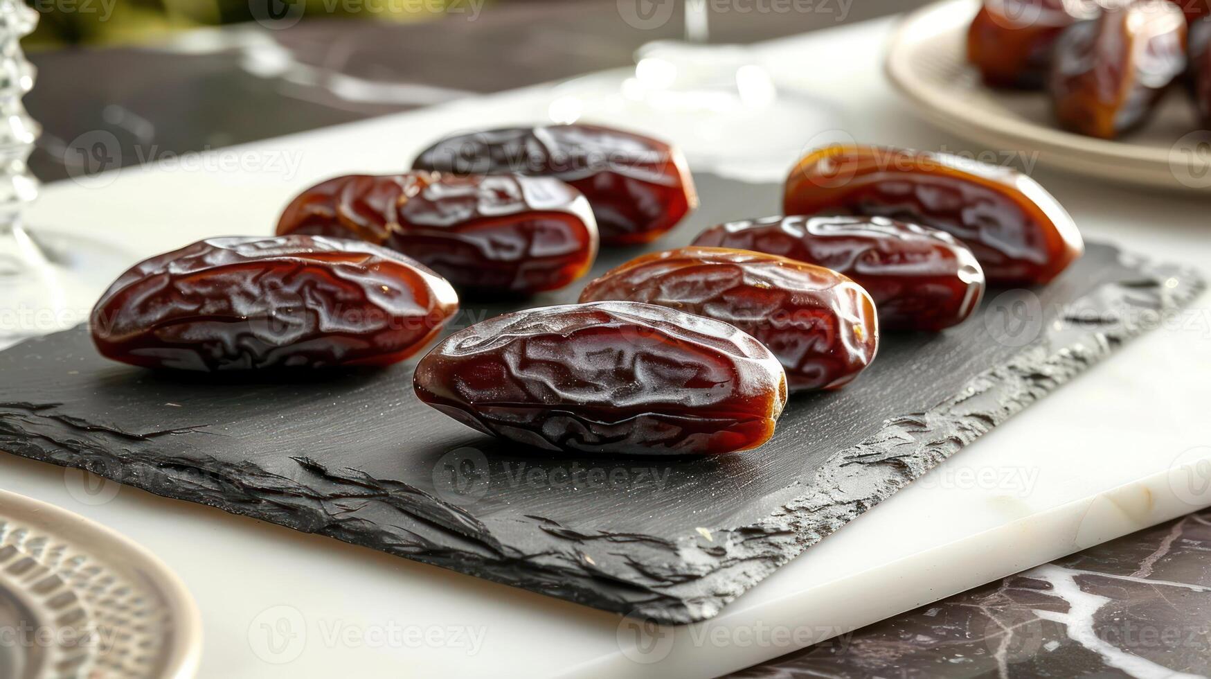 A close-up view of shiny, fresh dates arranged on a slate platter. photo