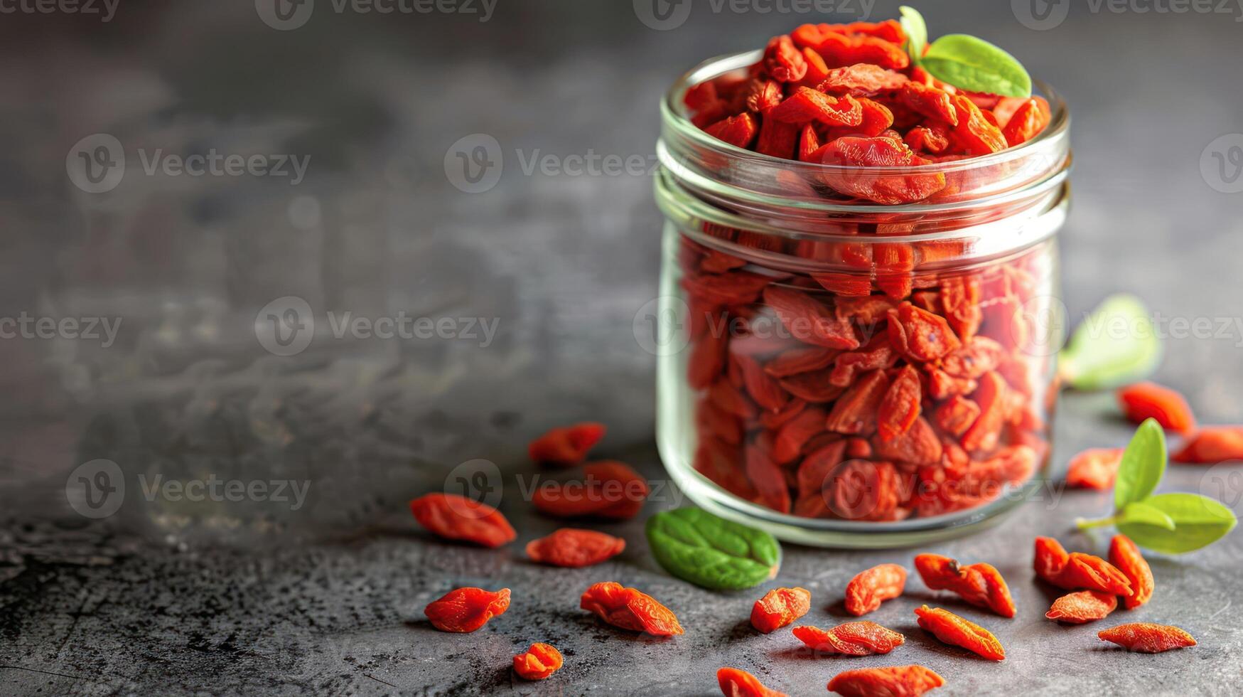 A jar filled with goji berries, surrounded by a few scattered berries and green leaves. photo