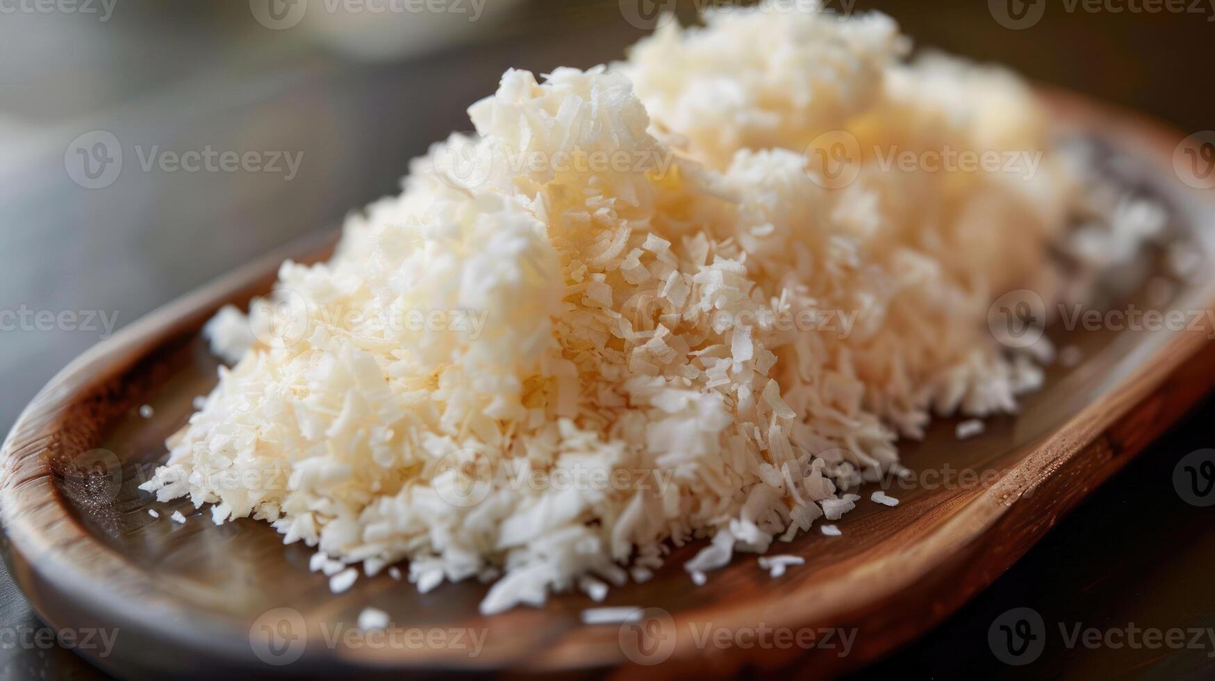 A mound of finely grated coconut on a wooden platter. photo