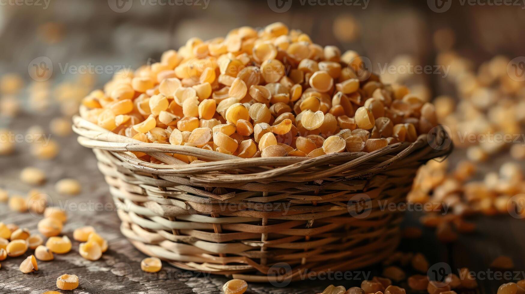 A basket filled with yellow split peas on a wooden surface. photo