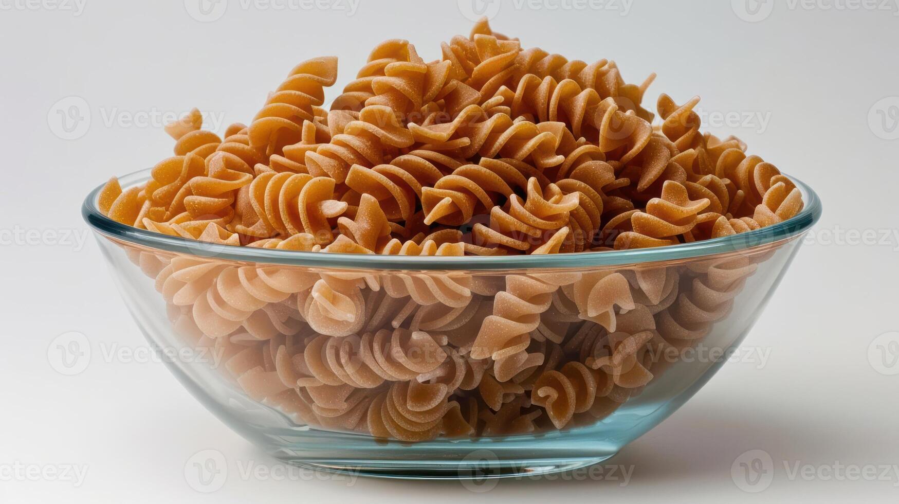 A glass bowl filled with uncooked spiral pasta, showcasing its texture and color. photo