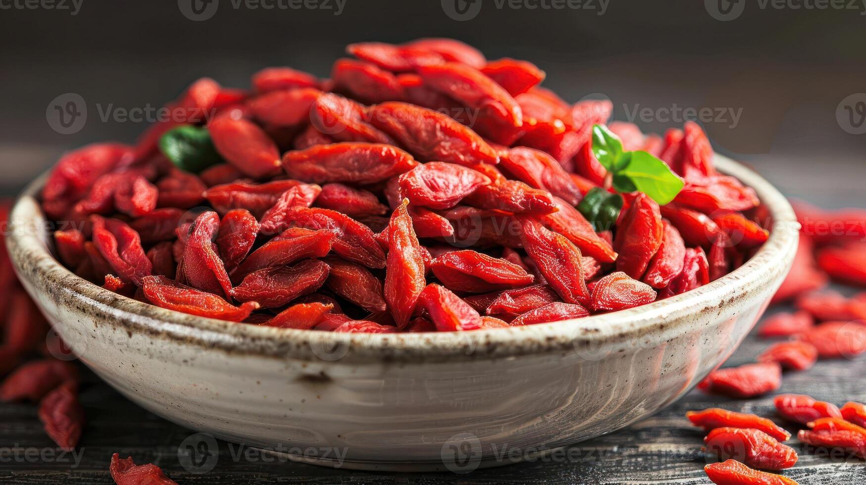 A bowl filled with vibrant red goji berries, showcasing their natural texture and color. photo