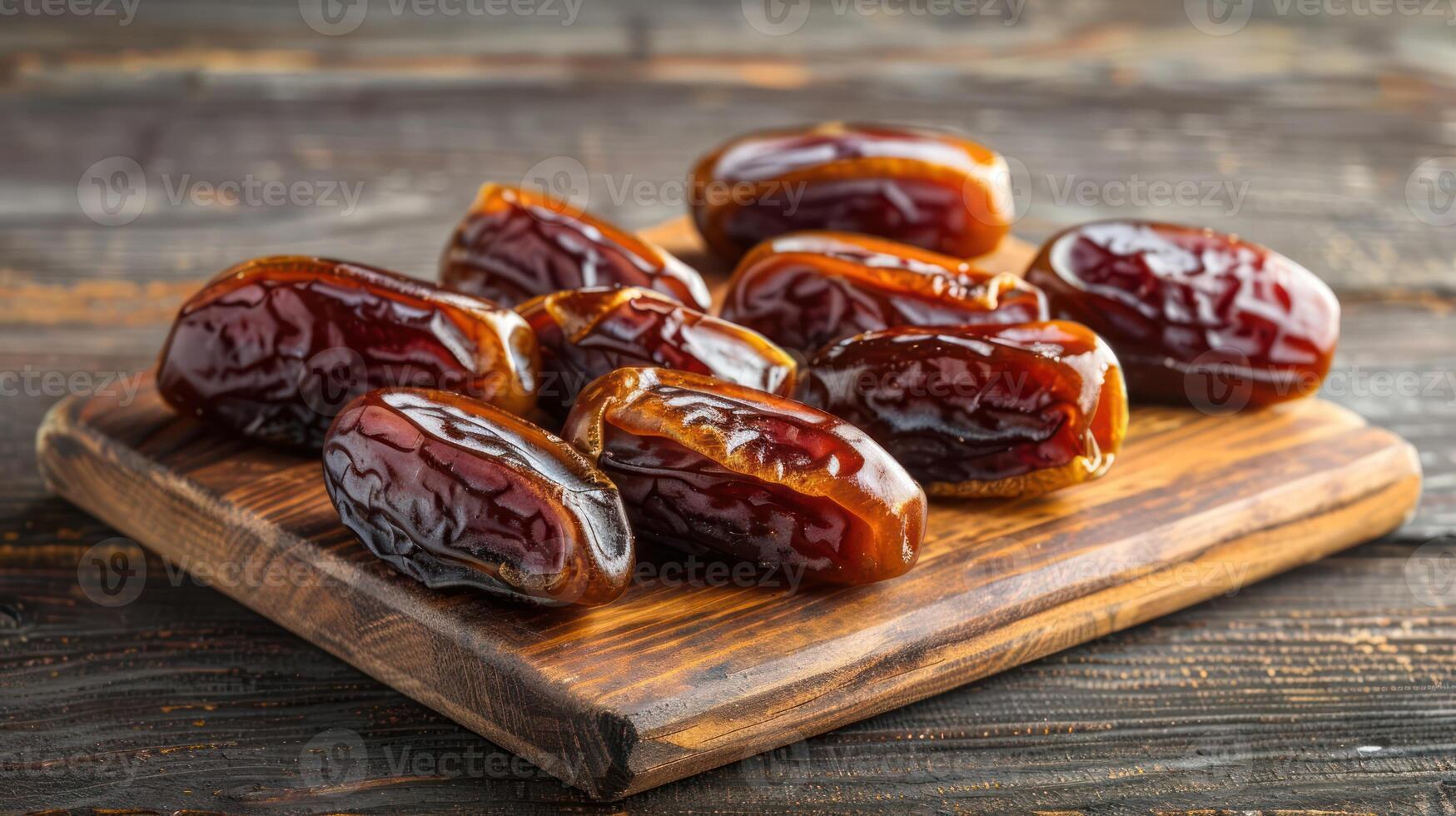 A wooden platter displaying fresh, shiny dates, highlighting their natural sweetness. photo