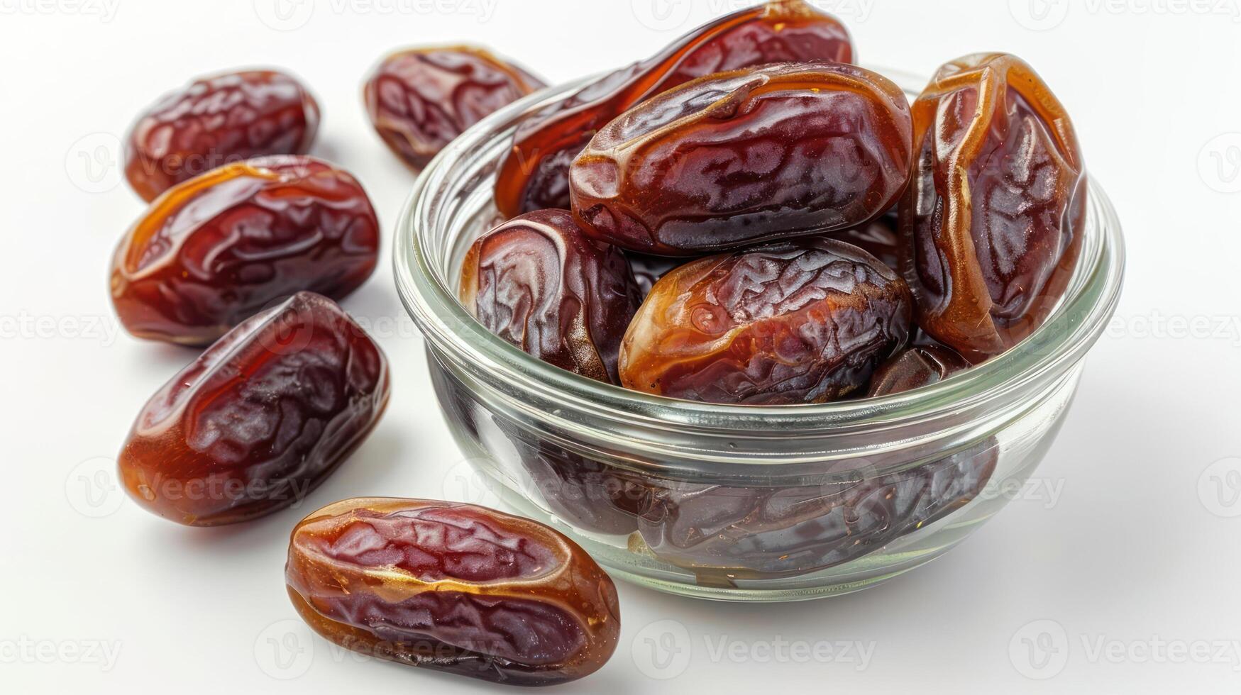 A bowl of fresh, glossy dates on a white background. photo