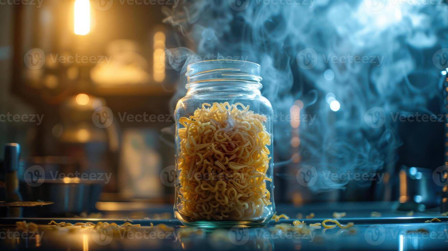 A jar filled with uncooked noodles, surrounded by steam and warm lighting. photo