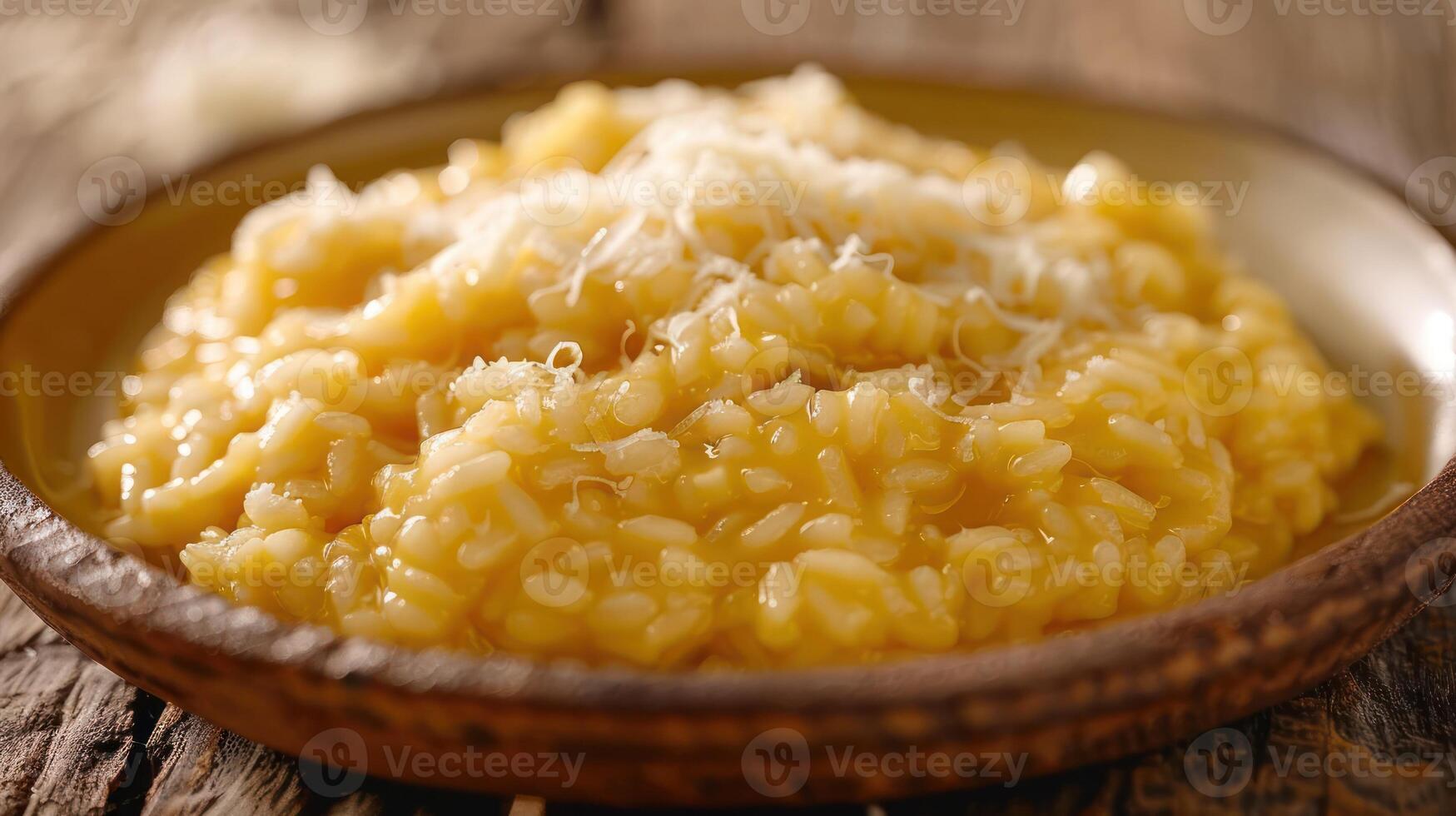 A creamy risotto topped with grated cheese, served in a rustic bowl on a wooden table. photo