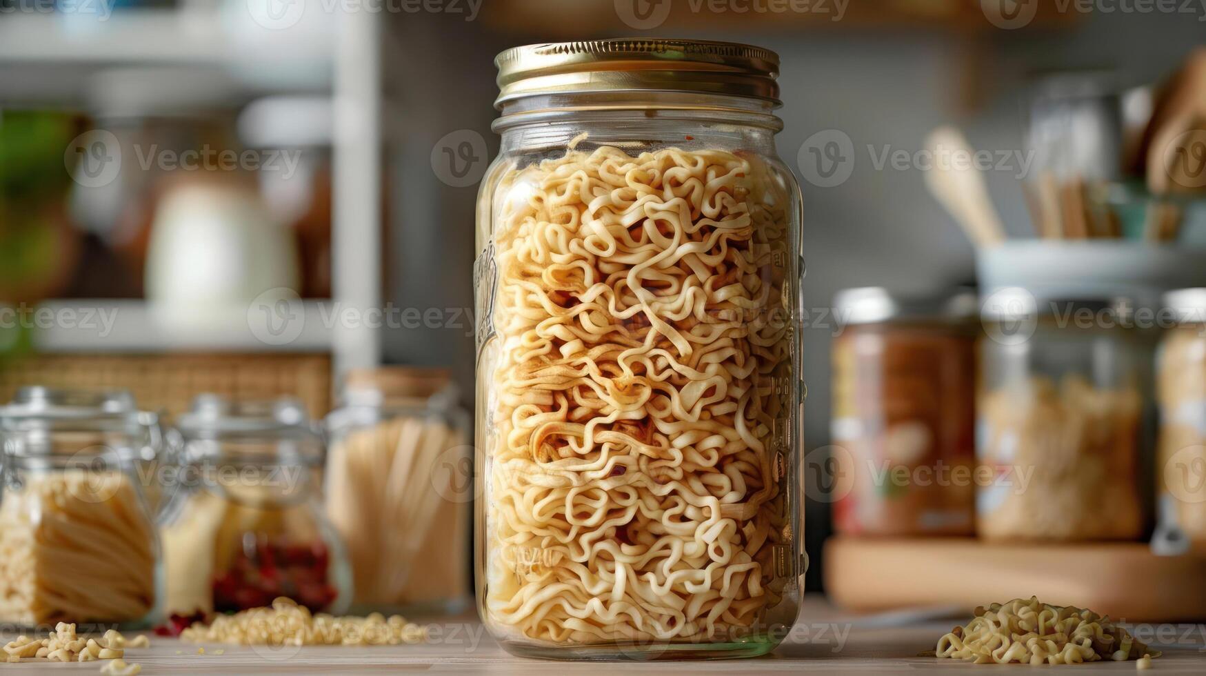 A jar filled with uncooked instant noodles, surrounded by various kitchen ingredients. photo