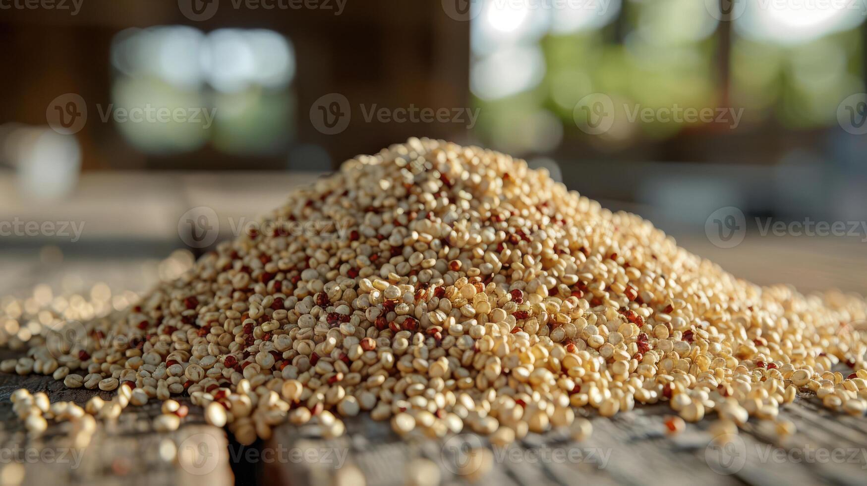 A close-up of a mound of quinoa grains on a wooden surface. photo
