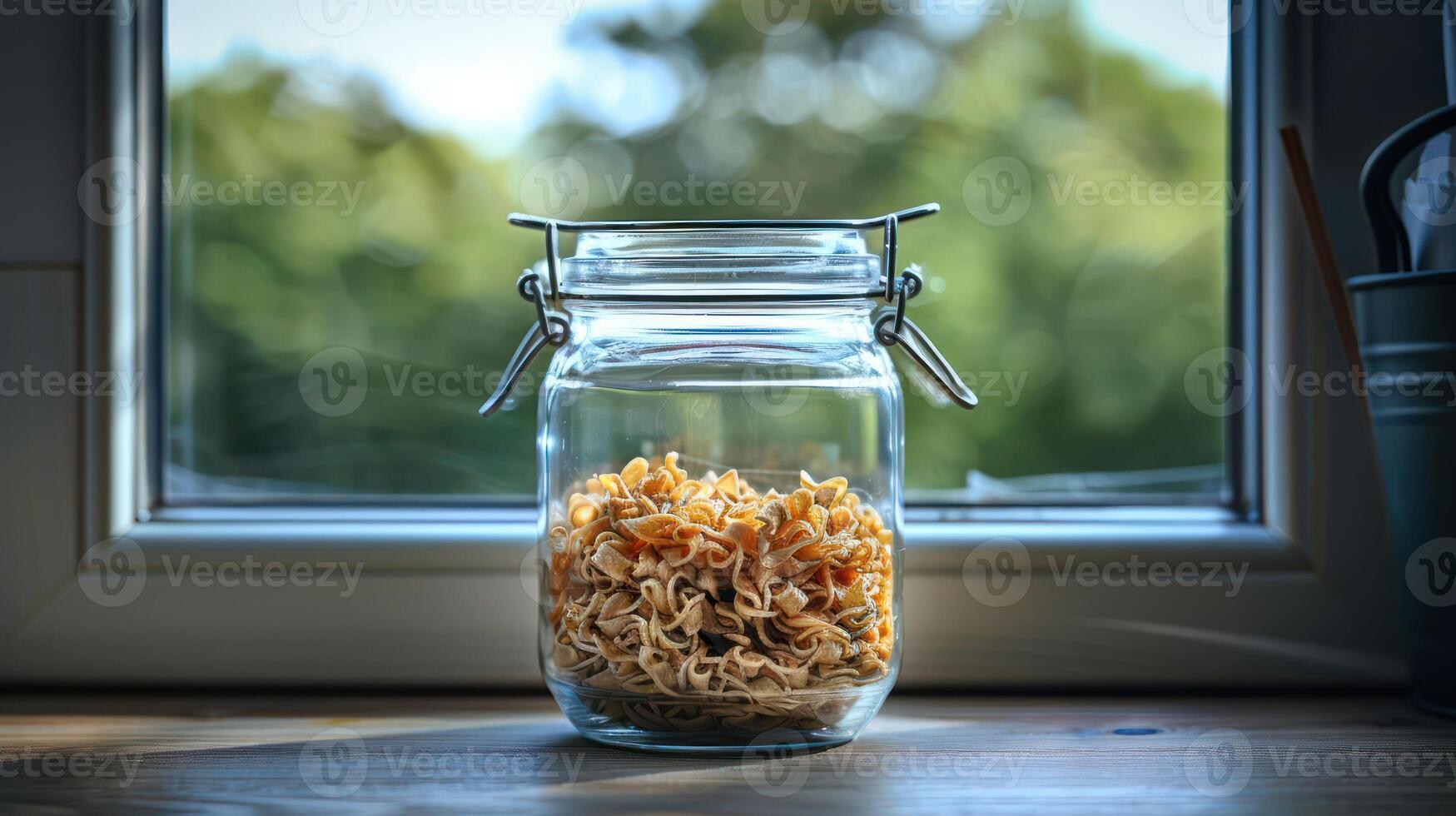 A glass jar filled with uncooked noodles, placed on a windowsill with a natural backdrop. photo