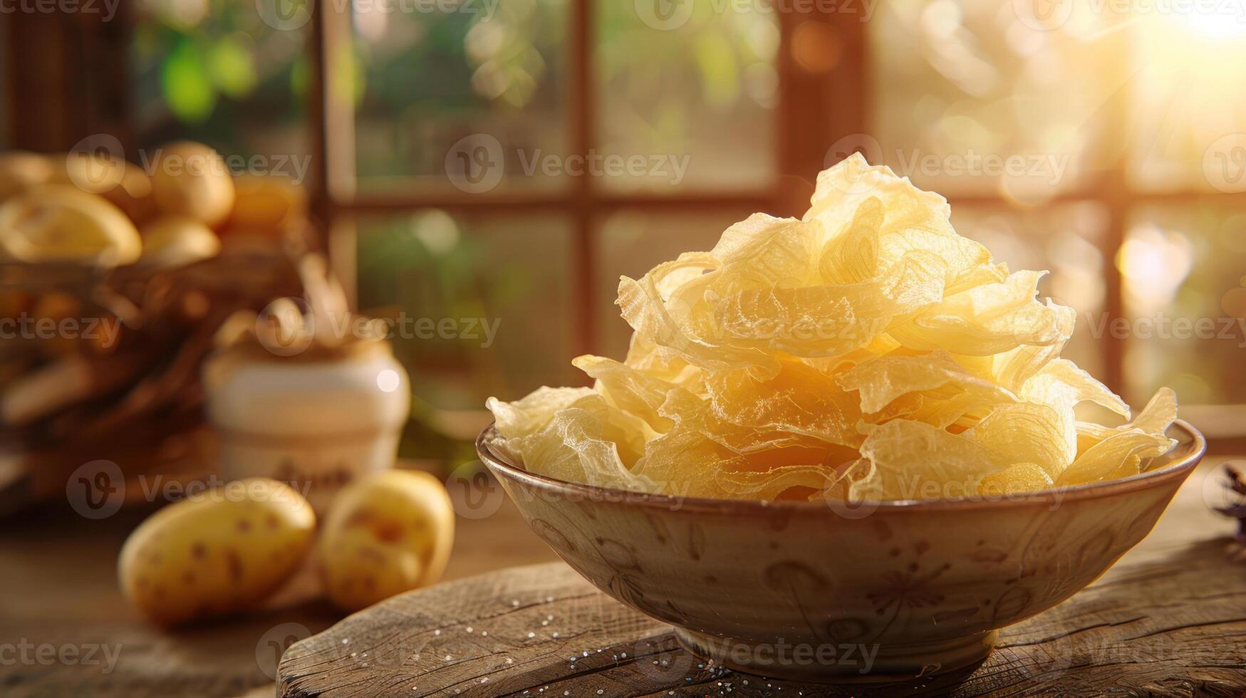 A bowl of dried fruit slices, beautifully arranged, showcasing a rustic kitchen setting. photo