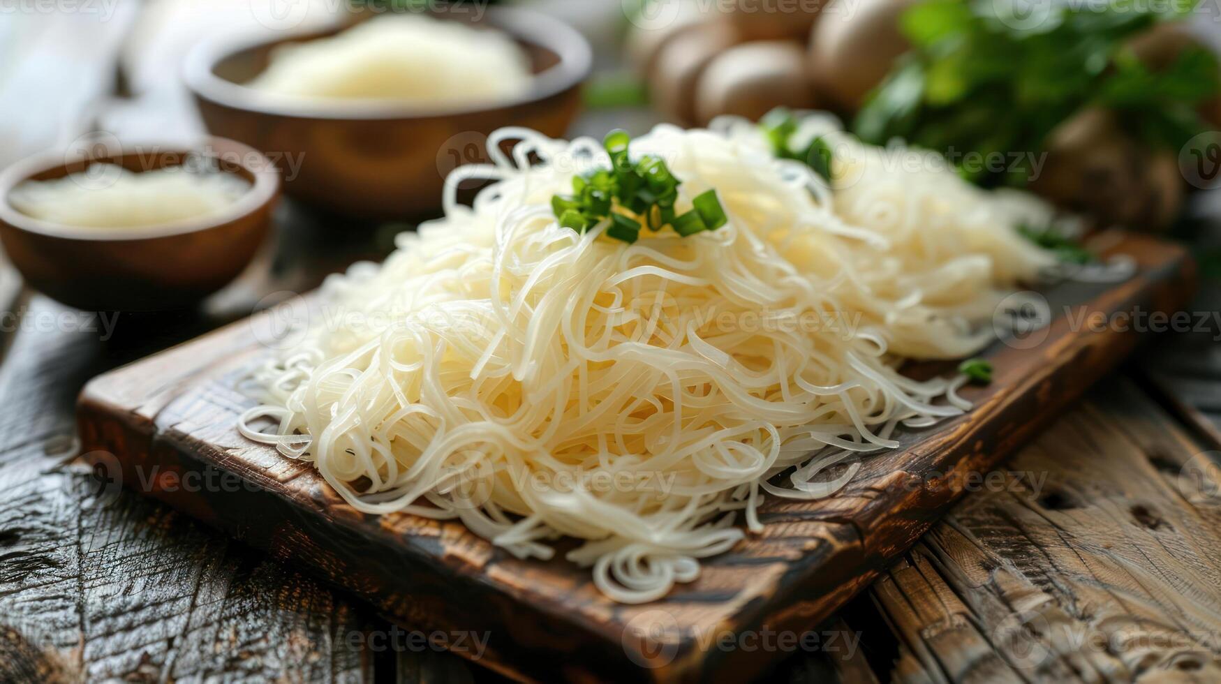 A serving of cooked rice noodles garnished with green onions on a wooden board. photo
