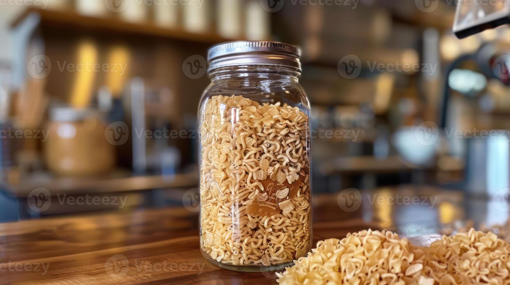A jar filled with uncooked ramen noodles on a wooden surface. photo