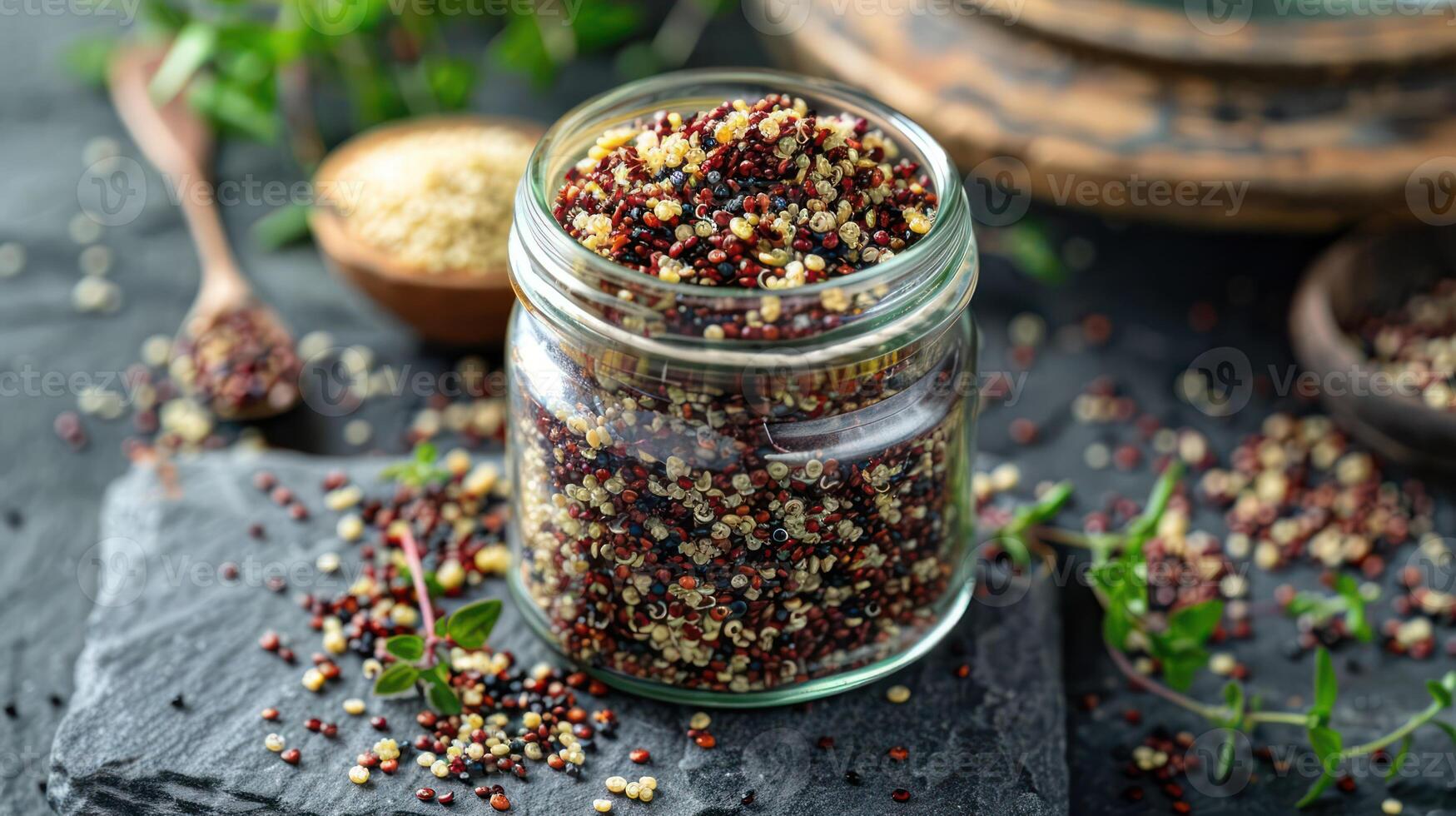 A jar filled with colorful quinoa seeds on a dark surface, surrounded by herbs. photo