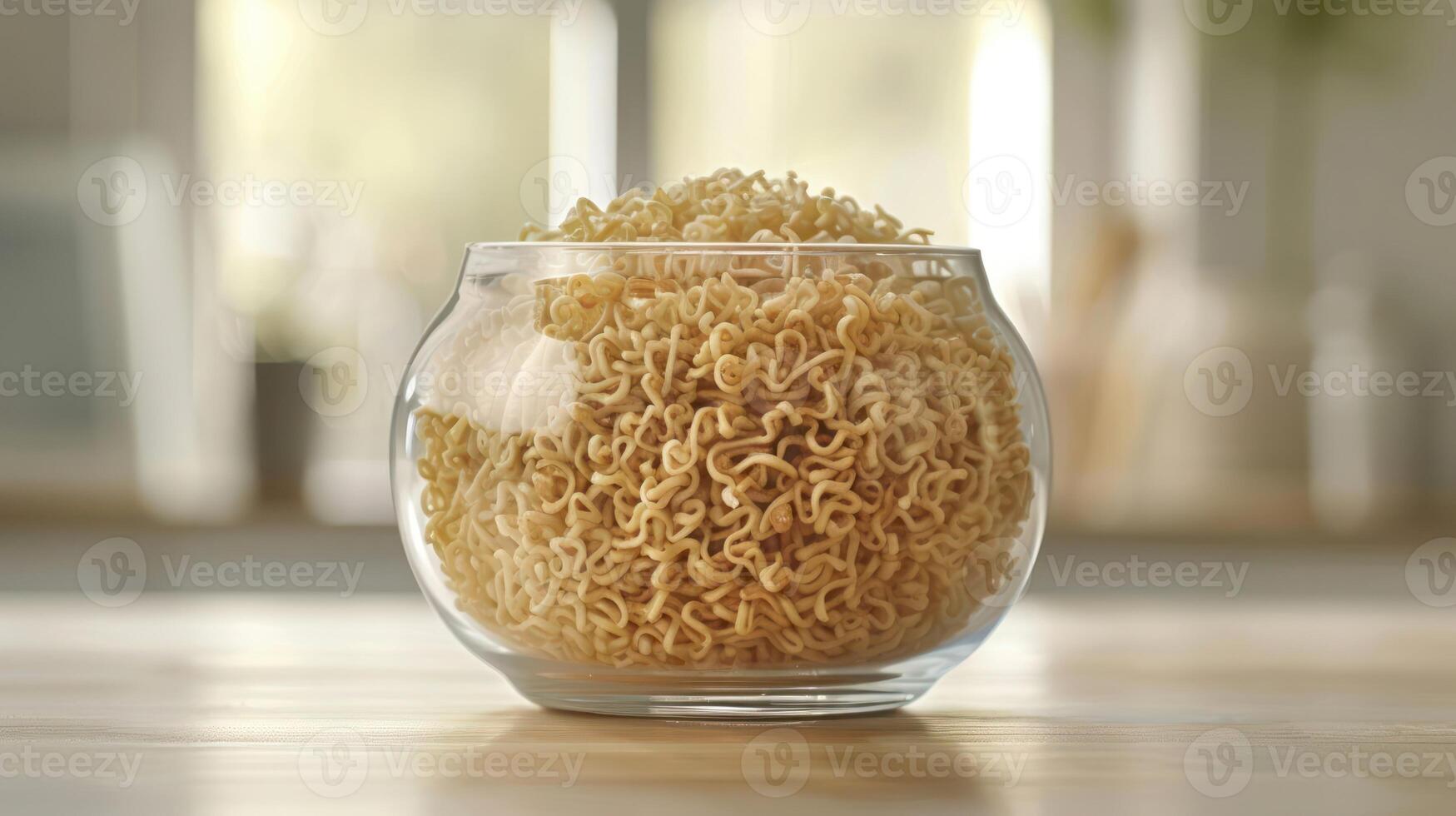 A glass bowl filled with uncooked instant noodles, set in a bright kitchen environment. photo