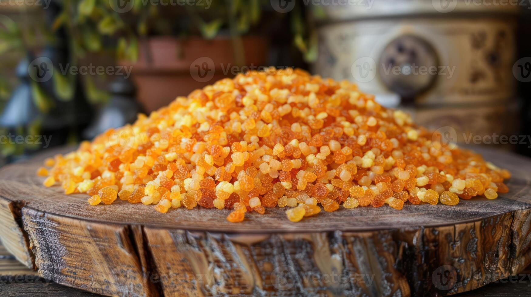 A mound of colorful granules resembling food ingredients on a wooden surface. photo