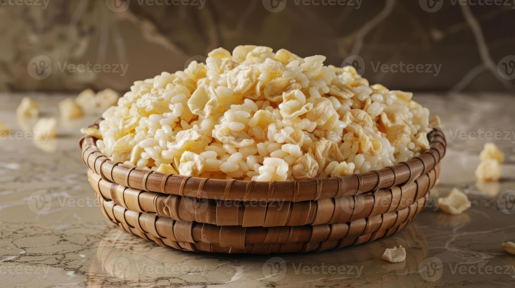 A woven basket filled with fluffy popcorn on a textured surface. photo