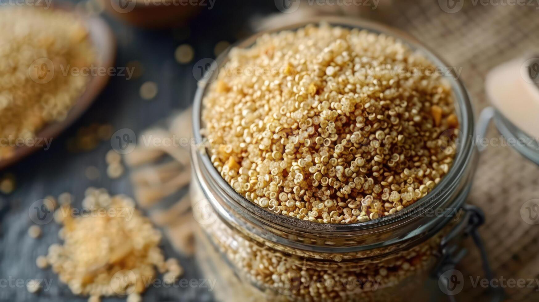 A close-up of a jar filled with quinoa grains, showcasing its texture and color. photo