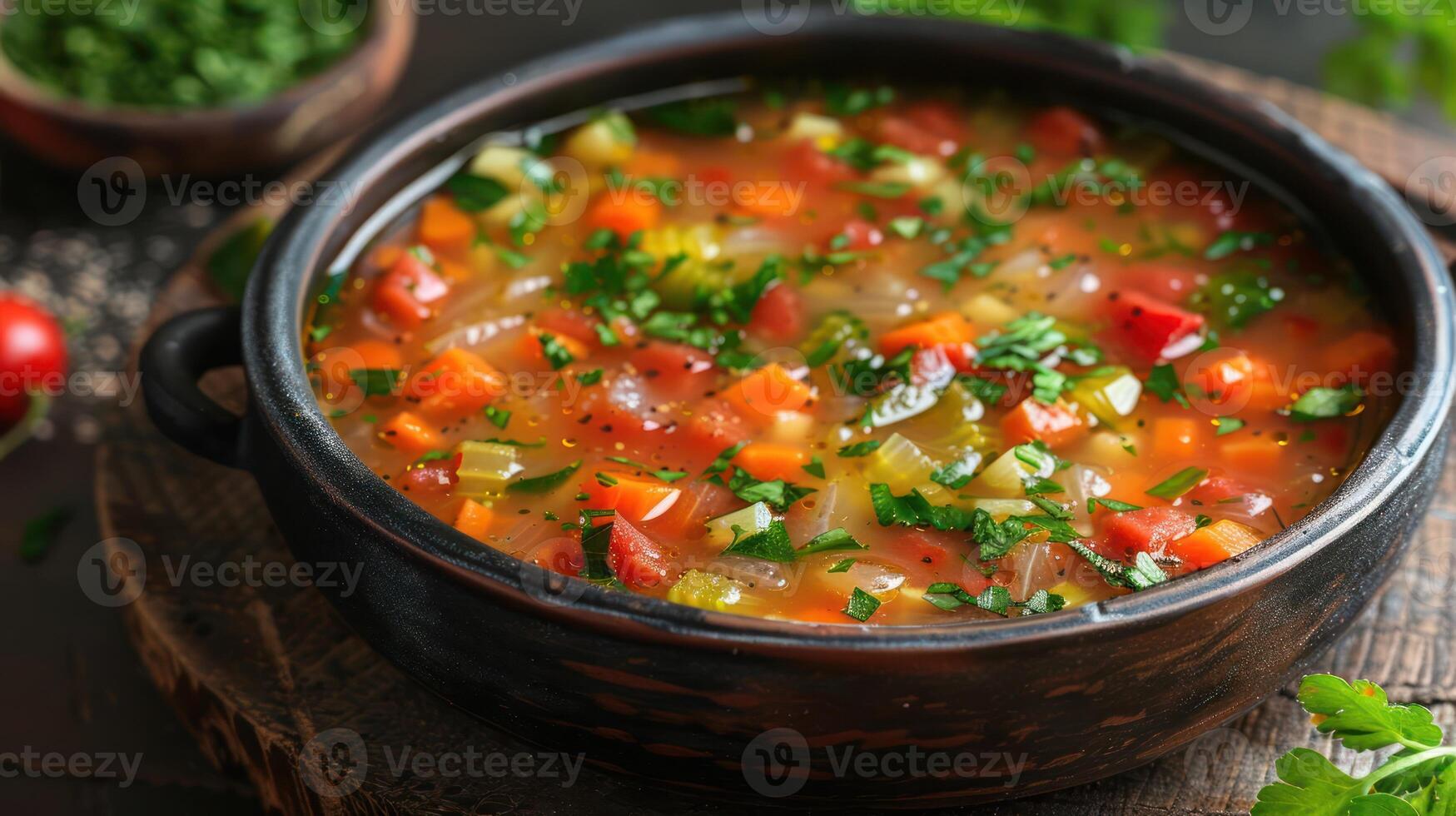 A vibrant vegetable soup garnished with fresh herbs in a rustic bowl. photo