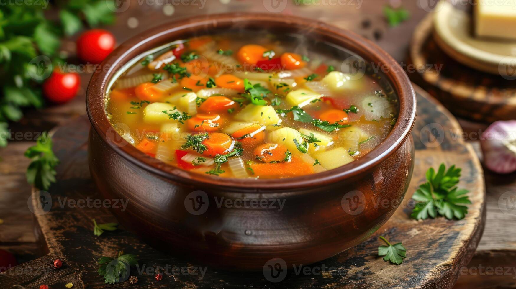 A steaming bowl of vegetable soup garnished with herbs, served in a rustic wooden bowl. photo