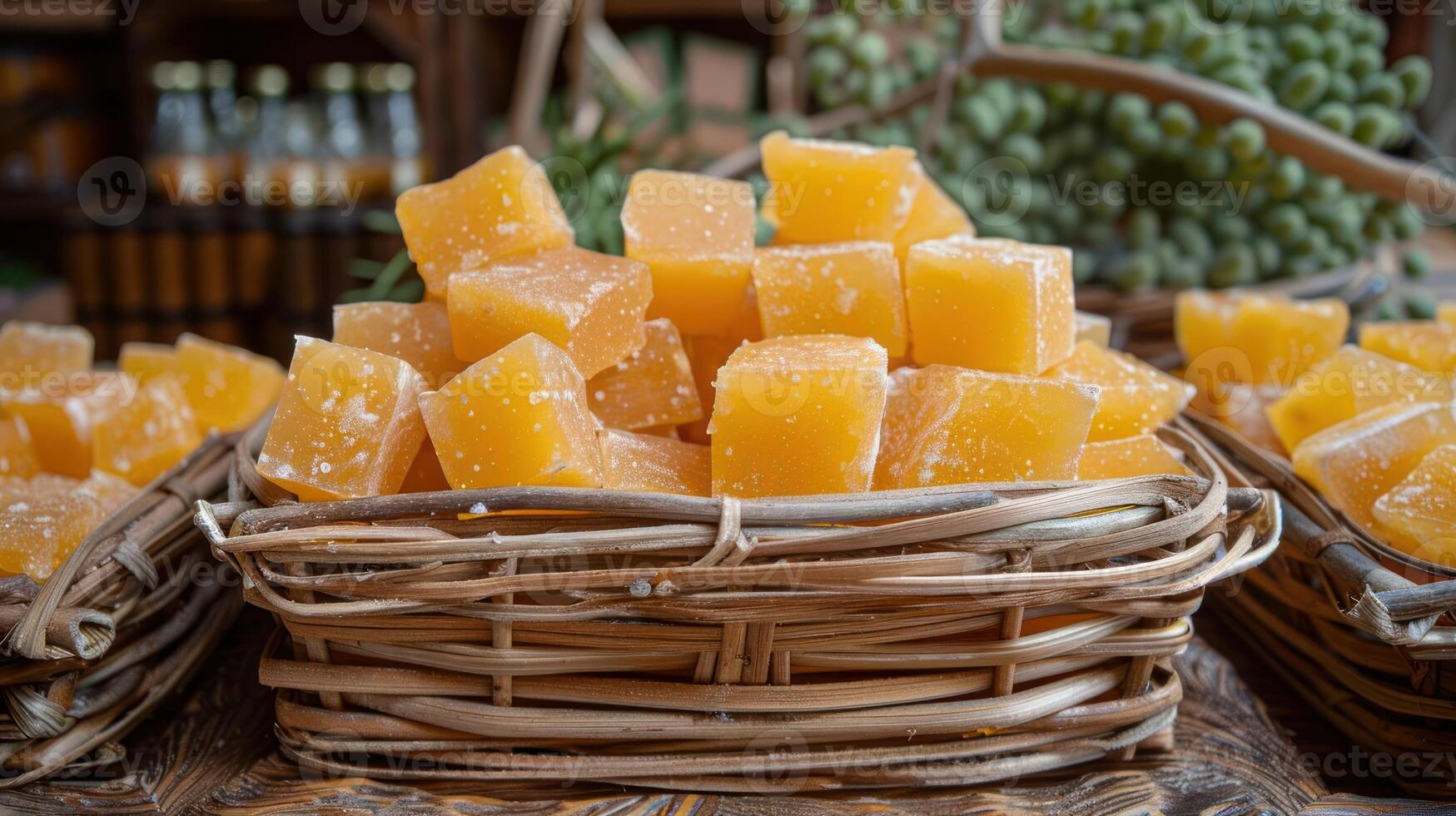 A basket of orange jelly cubes, showcasing a sweet treat in a rustic setting. photo