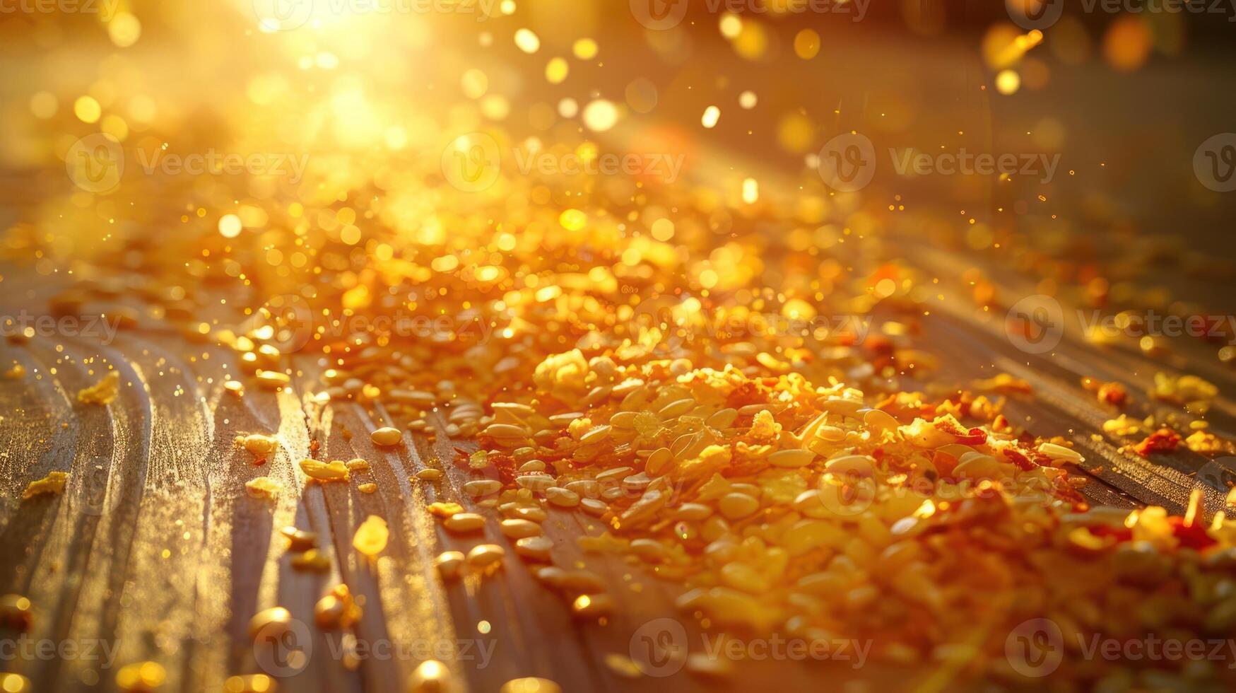 A close-up view of scattered golden grains shimmering in sunlight. photo