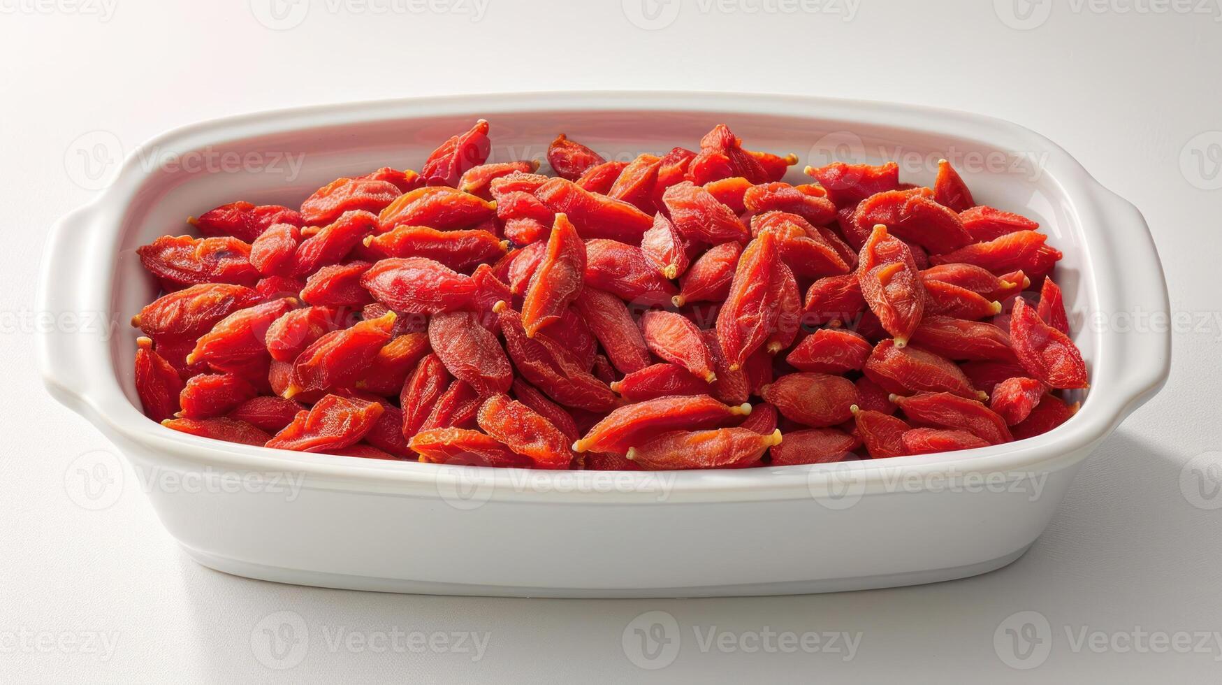 A white dish filled with dried goji berries, showcasing their vibrant red color. photo