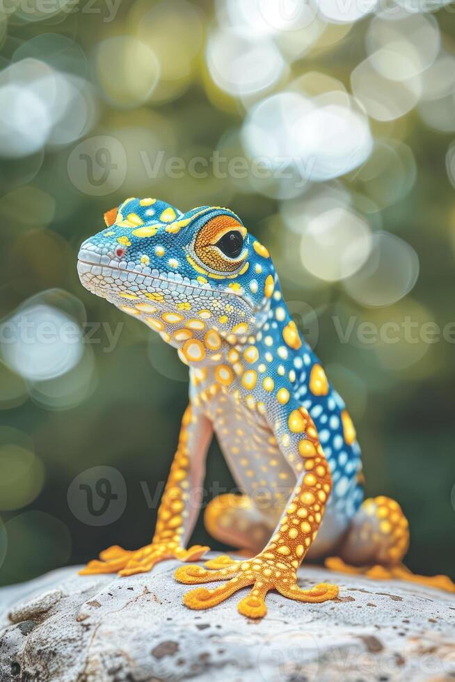 A vibrant blue and orange spotted frog perched on a rock with a blurred green background. photo