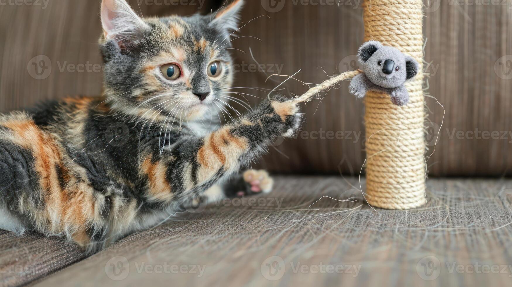 A playful kitten interacts with a toy on a scratching post. photo