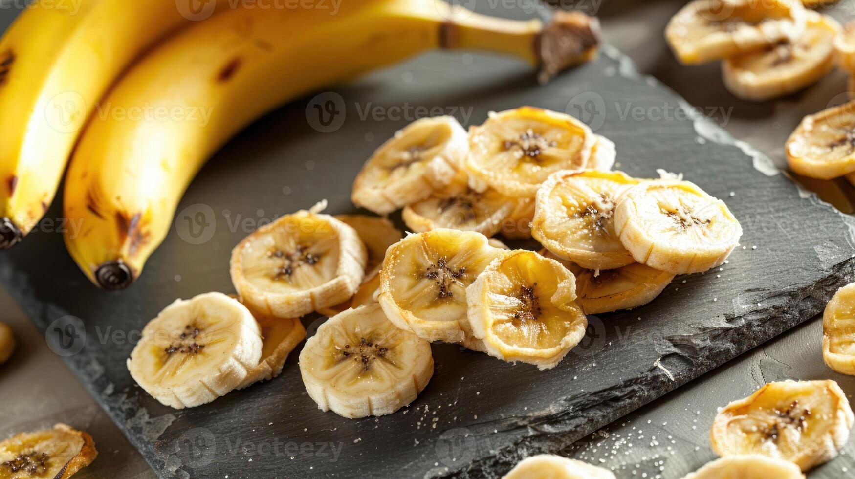 Sliced bananas on a slate platter with whole bananas in the background. photo