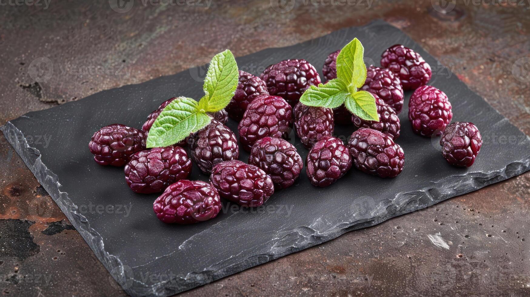A collection of fresh blackberries garnished with mint leaves on a slate surface. photo