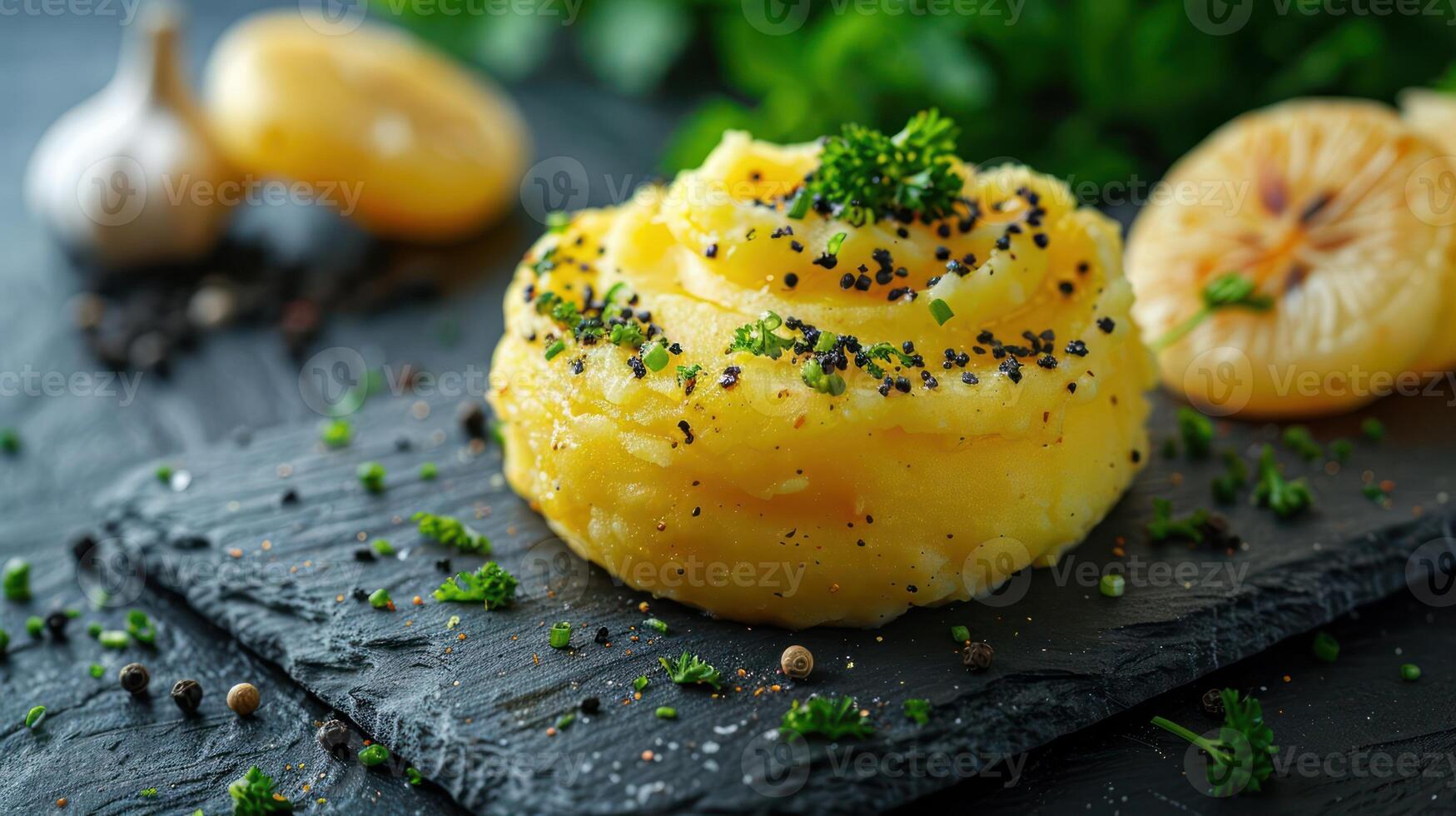 A beautifully plated serving of mashed potatoes garnished with herbs and spices. photo