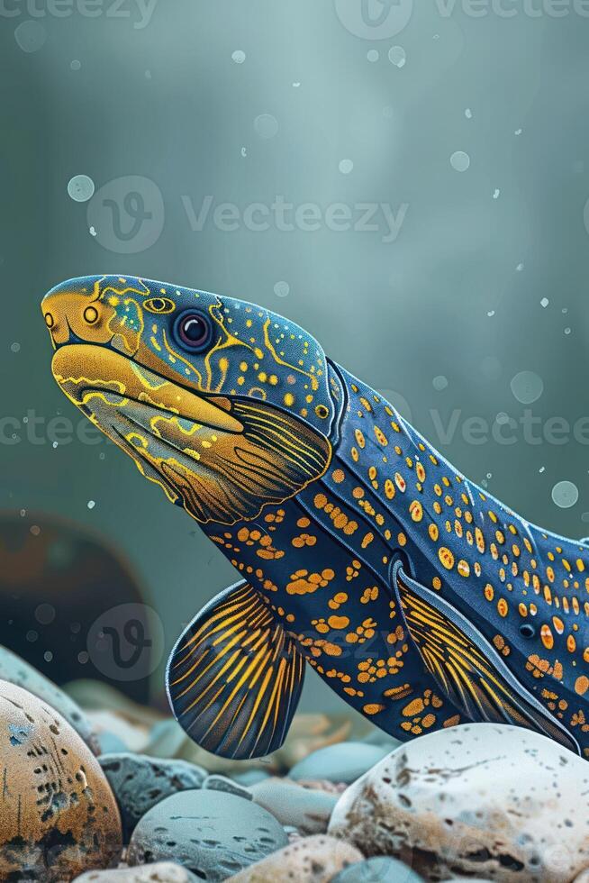A vibrant, stylized fish with intricate patterns swimming among pebbles in a serene underwater scene. photo