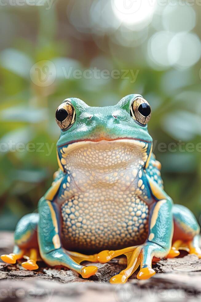 A close-up of a colorful frog with vibrant skin patterns and a blurred green background. photo