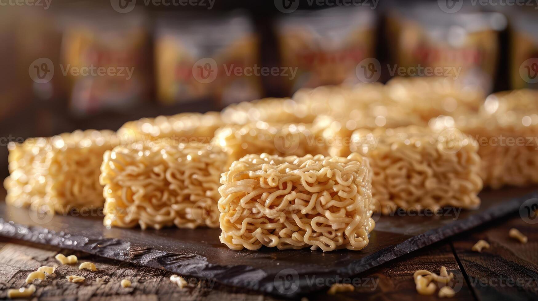A close-up of uncooked instant noodles arranged on a slate surface. photo
