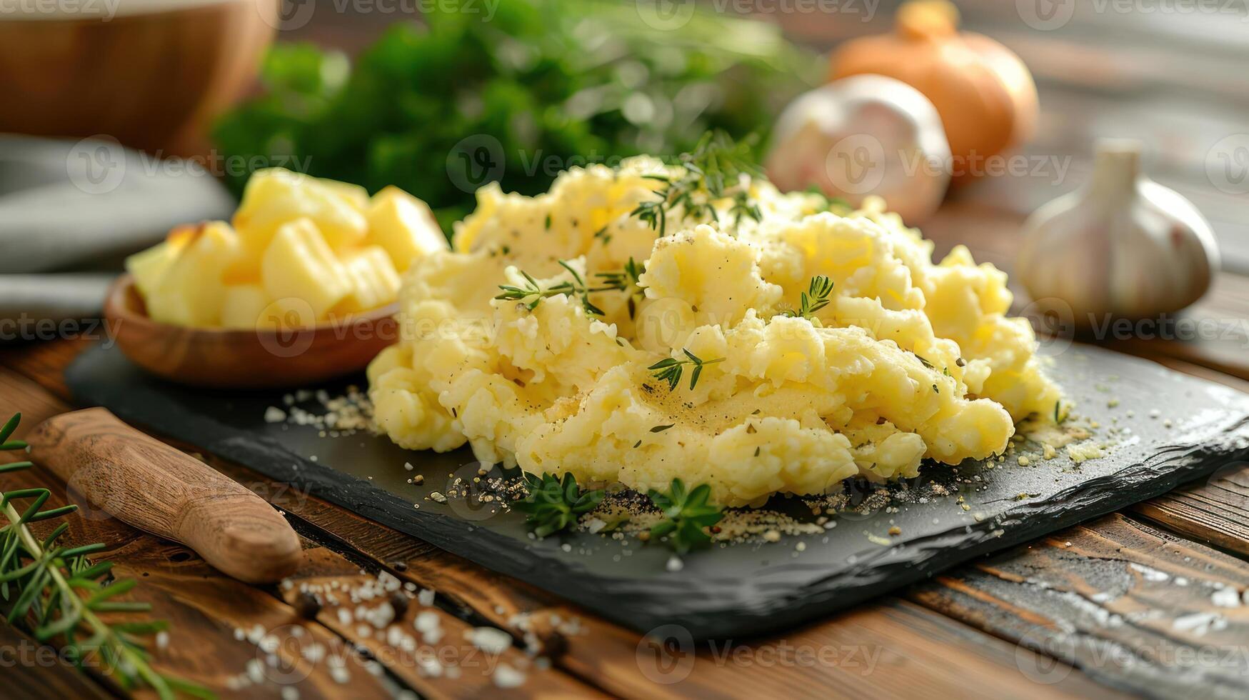 Creamy mashed potatoes garnished with herbs, served with diced potatoes on a slate platter. photo