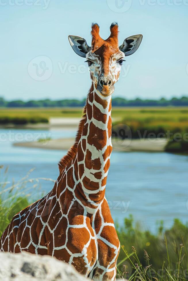 A close-up of a giraffe by a river, showcasing its unique patterns and serene environment. photo
