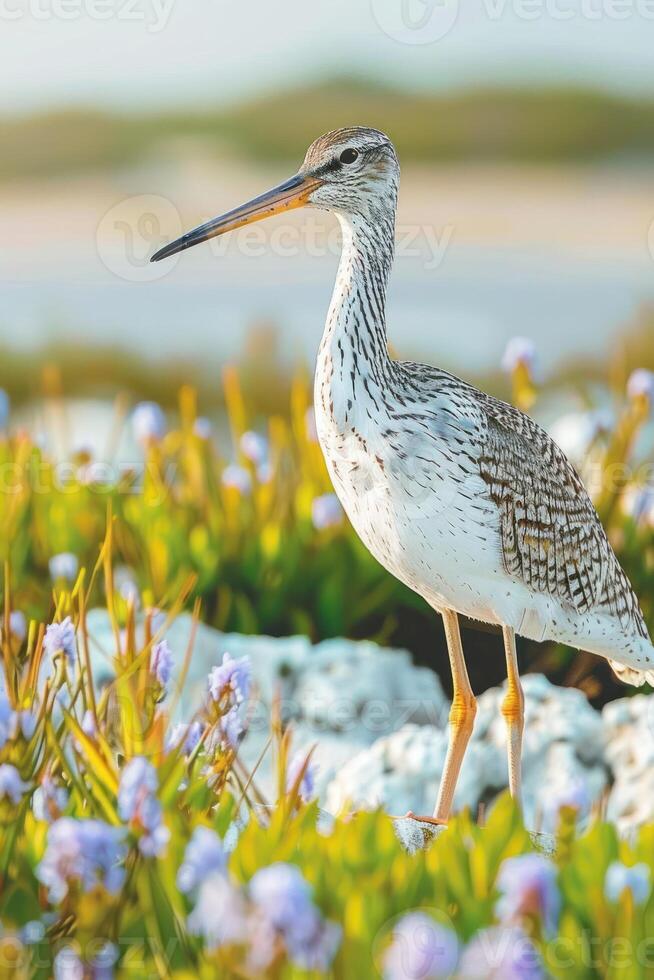 A shorebird stands amidst colorful flowers near a body of water, showcasing nature's beauty. photo