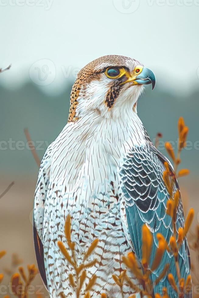 A striking bird of prey perched among foliage, showcasing its vibrant plumage and keen gaze. photo