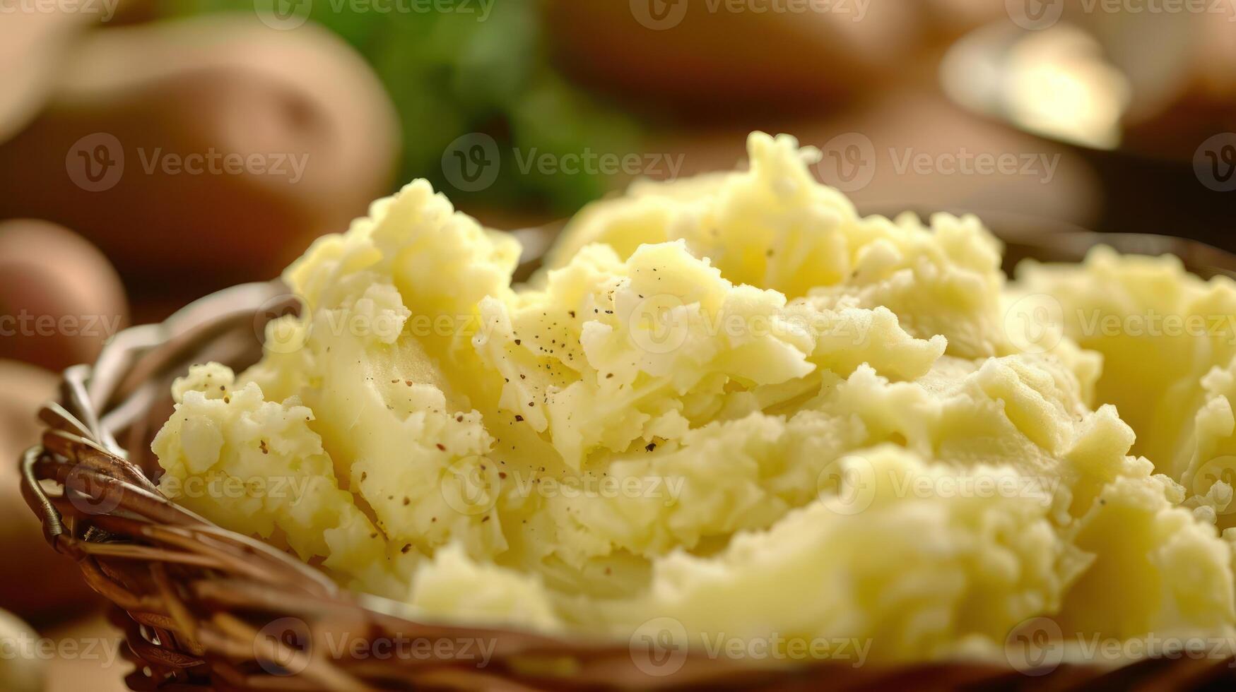 A close-up of creamy mashed potatoes in a woven basket, highlighting a comforting dish. photo