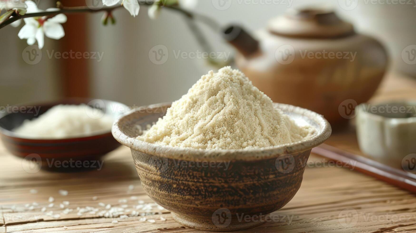 A bowl of finely ground flour sits on a wooden table, surrounded by tea utensils and decor. photo
