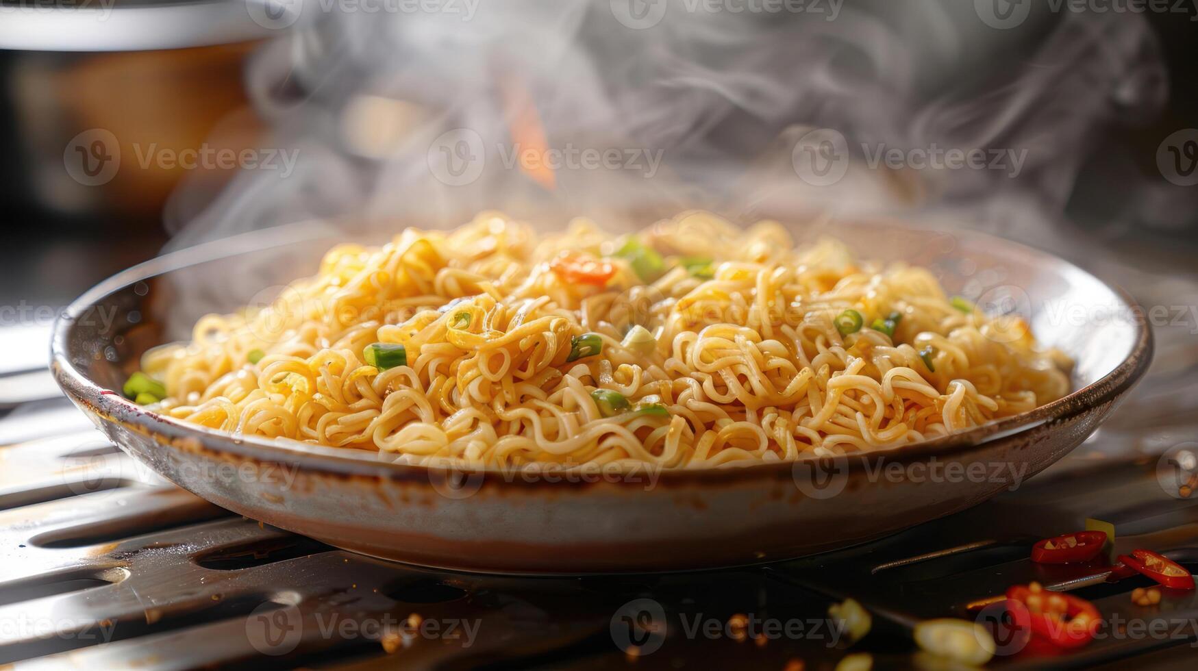 A steaming bowl of noodles garnished with green onions and red chili peppers. photo