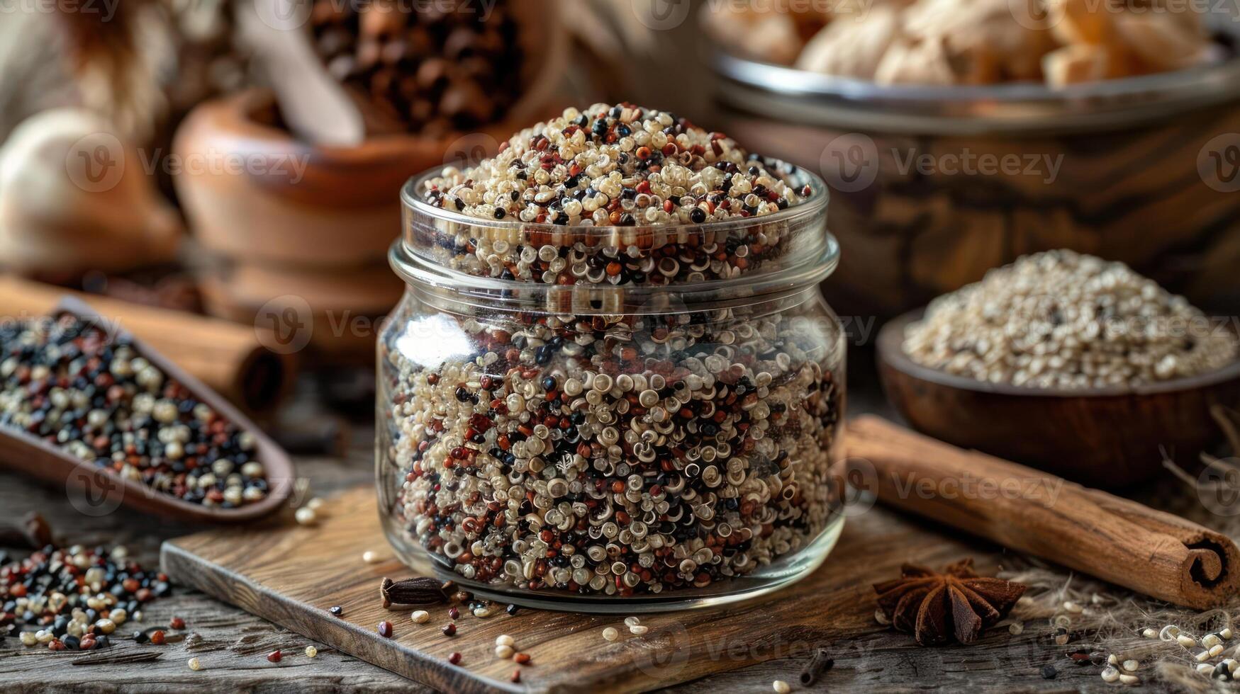 A jar of colorful quinoa surrounded by spices and natural elements on a rustic wooden surface. photo