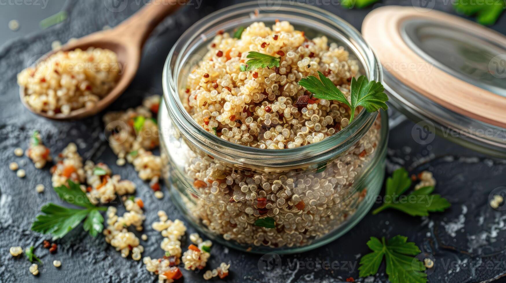 A jar of cooked quinoa garnished with parsley on a dark surface, showcasing healthy food. photo