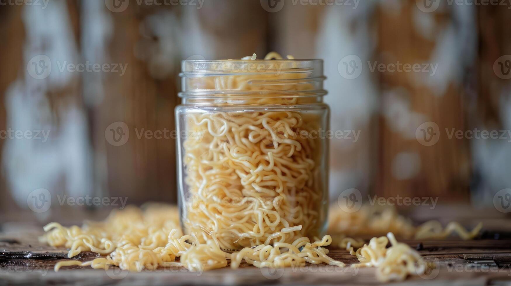 A jar filled with uncooked noodles, surrounded by scattered noodles on a wooden surface. photo