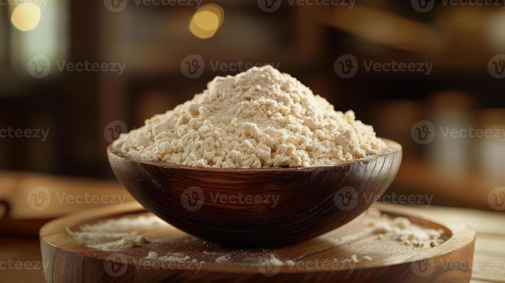 A bowl of flour sits on a wooden surface, suggesting cooking or baking activities. photo