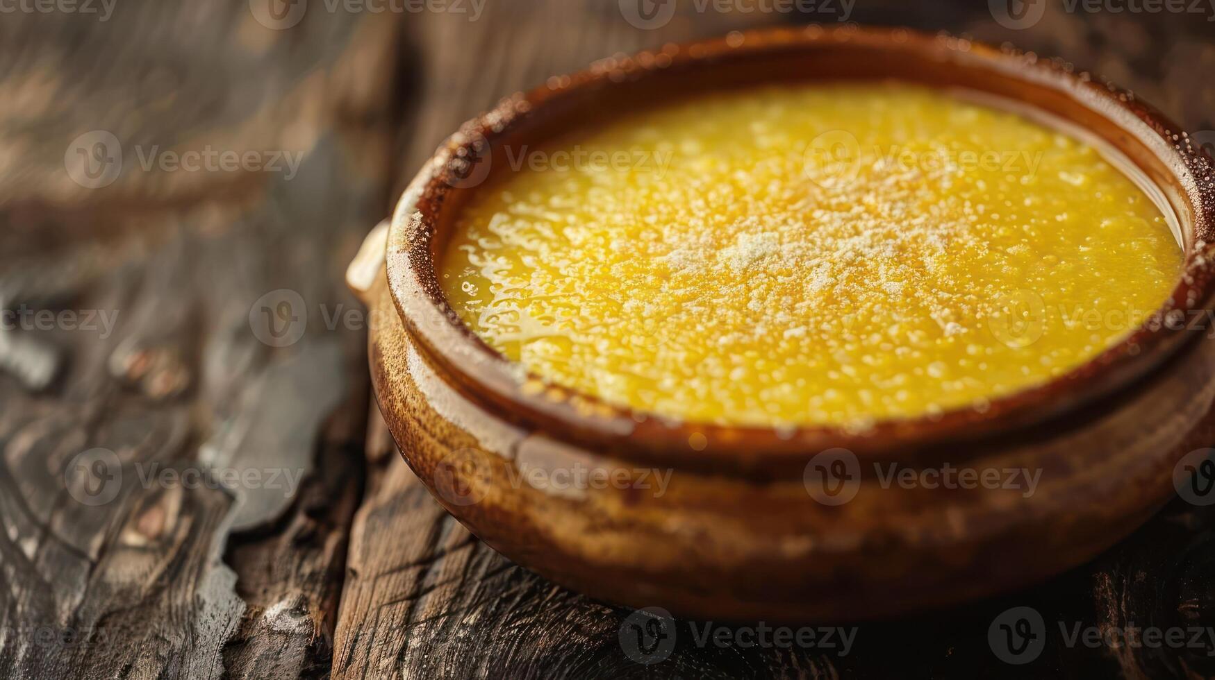 A creamy dessert in a rustic bowl, showcasing a smooth, yellow texture. photo