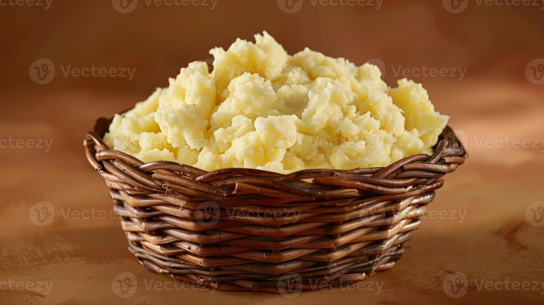 A bowl of creamy mashed potatoes served in a woven basket. photo